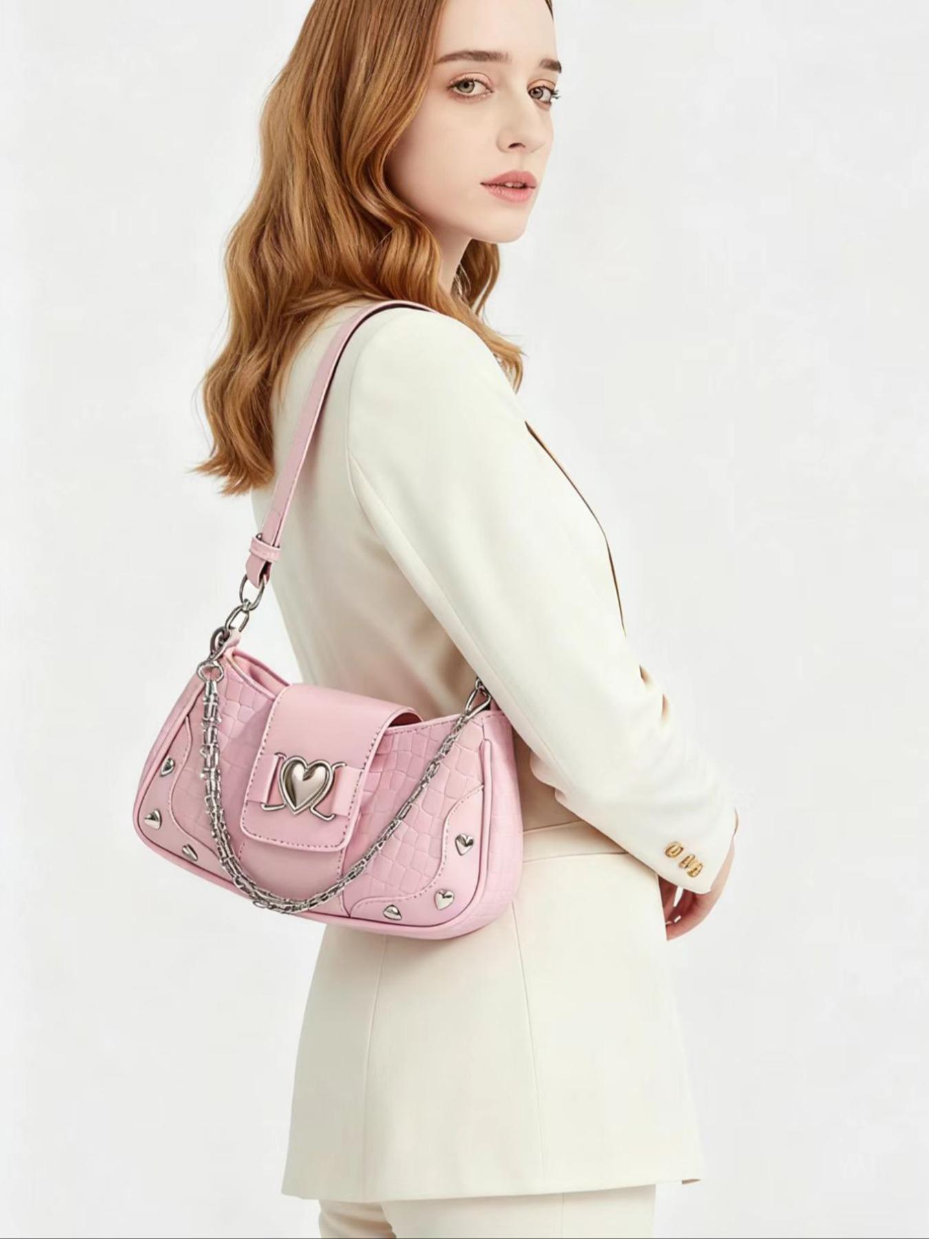 Women's Fashion Chain Decor Shoulder Bag, Heart Decorated Crocodile Textured Pu Leather Bag for Daily Used, Trendy All-match Underarm Bag, Cute Y2k Punk Style Hobo Dumpling Bag, Casual Zipper Purse, Chic Chain Crossbody