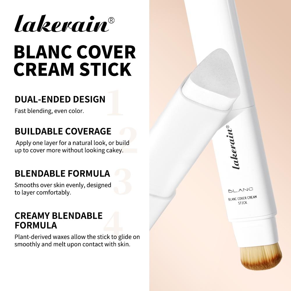 Lakerain Blanc Color-Changing Tinted Foundation Stick, Dual-Ended Base Makeup Stick with Brush, Waterproof & Sweatproof, Buildable Coverage (Medium to Full), 5 Shades for All Skin Tones