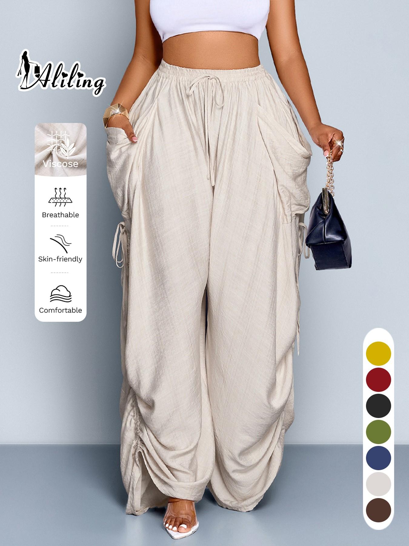 Aliling Women's Summer Casual Basic Solid Color High-Waisted Wide-Leg Bottom Pants, Adjustable Drawstring Side Regular Fit Pants for All Seasons