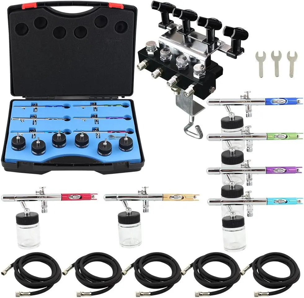 OPHIR AC047+121+024-4x 6X 0.35mm Dual Action Airbrush Gun Set for Body Art Painting Includes 6 Siphon Feed Airbrushes 5 Nylon Hoses & Holder for Crafts Art Model Hobby
