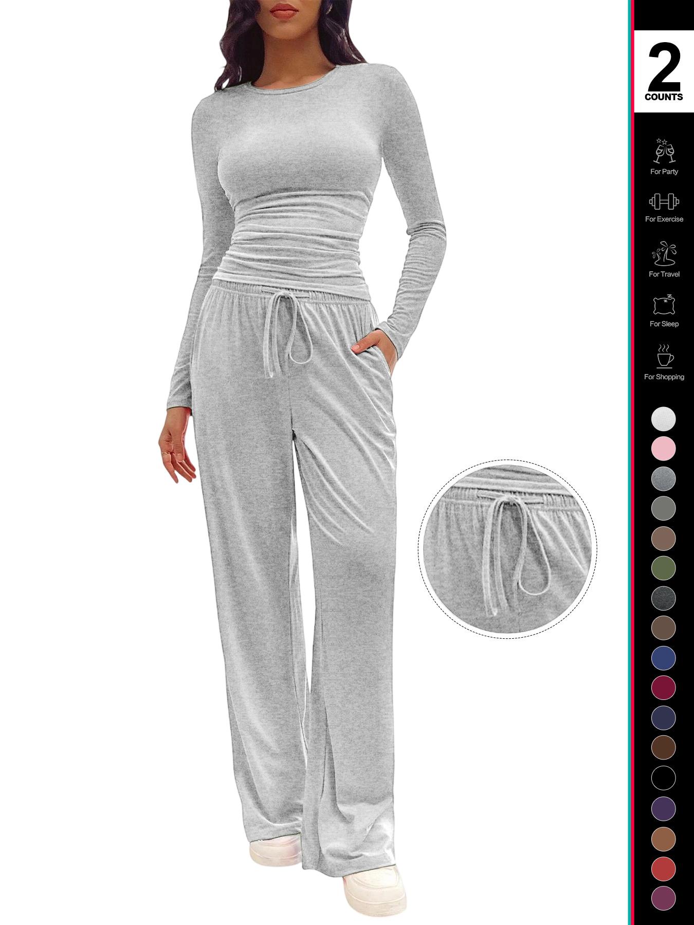 Women's Solid Ruched Drawstring Loungewear Set, Casual Fit Long Sleeve Round Neck Top & Pocket Wide Leg Trousers, Ladies Sleepwear for All Seasons