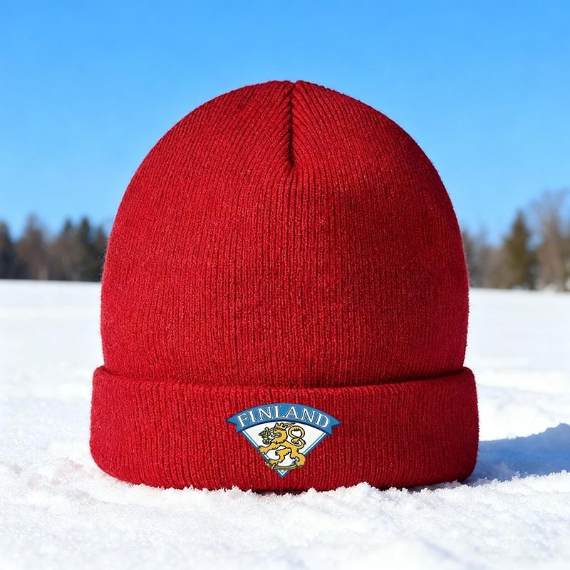 Finland Lion Emblem Knit Beanie Hat Winter Outdoor Cold Weather Warm Headwear for Adults Unisex Casual Snow Sports Hiking Running Urban Streetwear Ideal Christmas Holiday Gift for Family Friends and Loved Ones