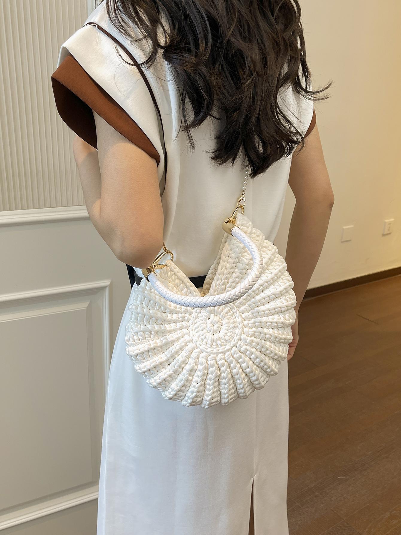 Seashell Pearl Chain Crossbody Bag, Beach Vacation Shoulder Bag, Handmade Crochet Boho Style, Summer Women's Backpack