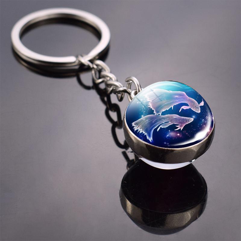 New Fashion Double Side Glass Ball Pendant Keychain 12 Zodiac Signs Keyring for Boyfriend Girlfriend Birthday Gifts