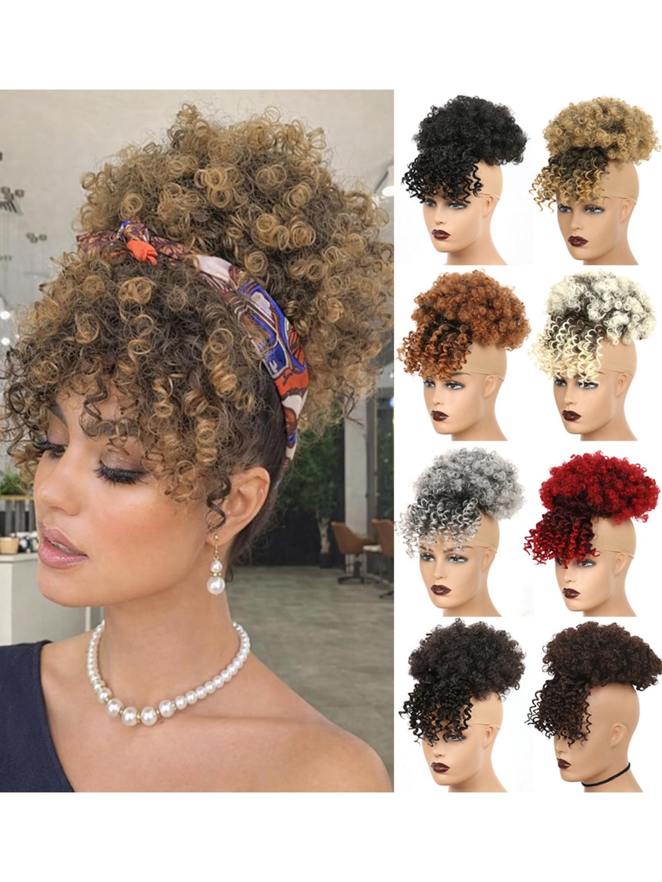 Women Drawstring Hair Bag, African Loose Curl Ponytail Extension, Bangs Flower Braid Style, High Crown Heat Resistant Fiber Wig Piece