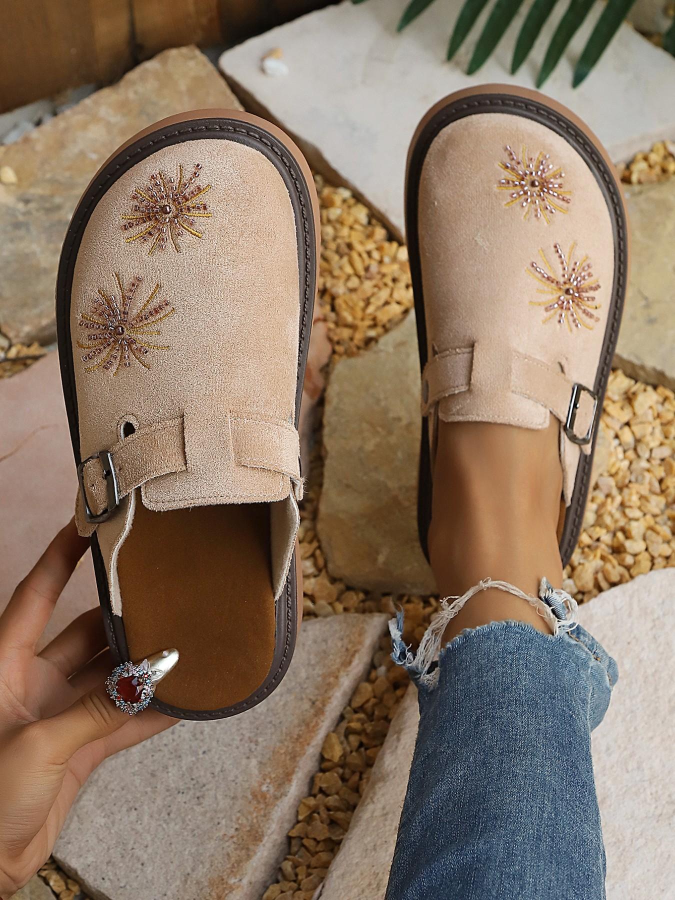 New Vintage Fashion Comfortable Large Size Rhinestone Fireworks Buckle Slip-On Shoes, Versatile Multi-Function Casual Women's Thick Soled Mules