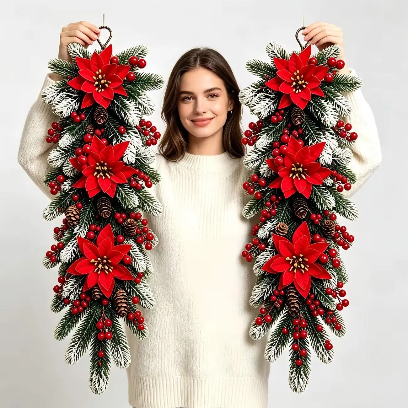 High-Quality Christmas Decoration Wreath, Front Door Wreaths, Poinsettia Snowflake Pine Needle Hanging Vine, Indoor Outdoor Use, Realistic Design