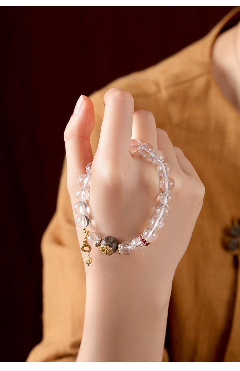 [Peace Balance] crystal bracelet, white crystal white phantom quartz agarwood, unisex, daily wear gift, 10mm beads natural stone gold accents, peace balance harmony symbol