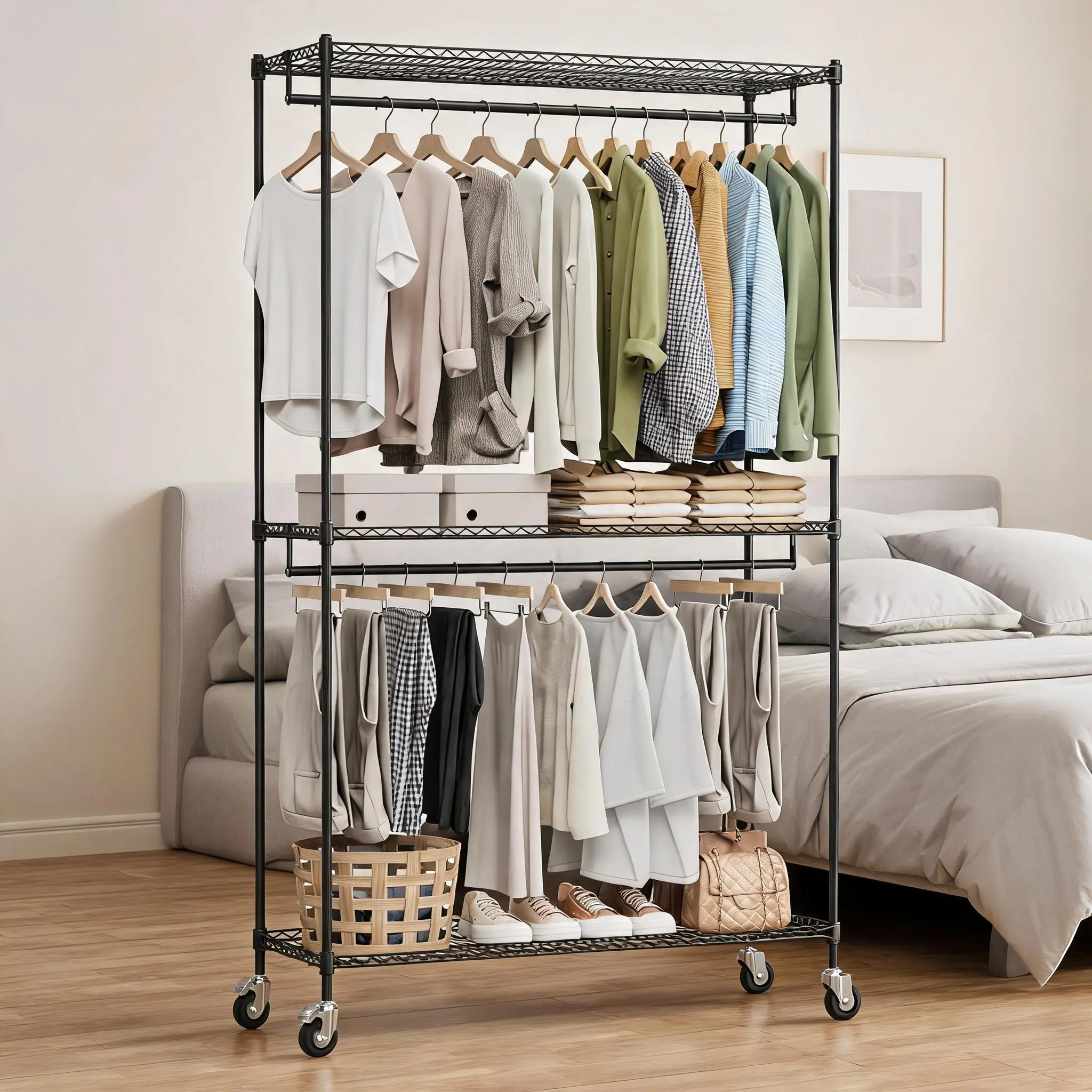 3-Tier Heavy Duty Rolling Garment Rack, Double Rod Clothes Rack with Side Hooks, Adjustable Metal Shelving Closet Organizer for Bedroom