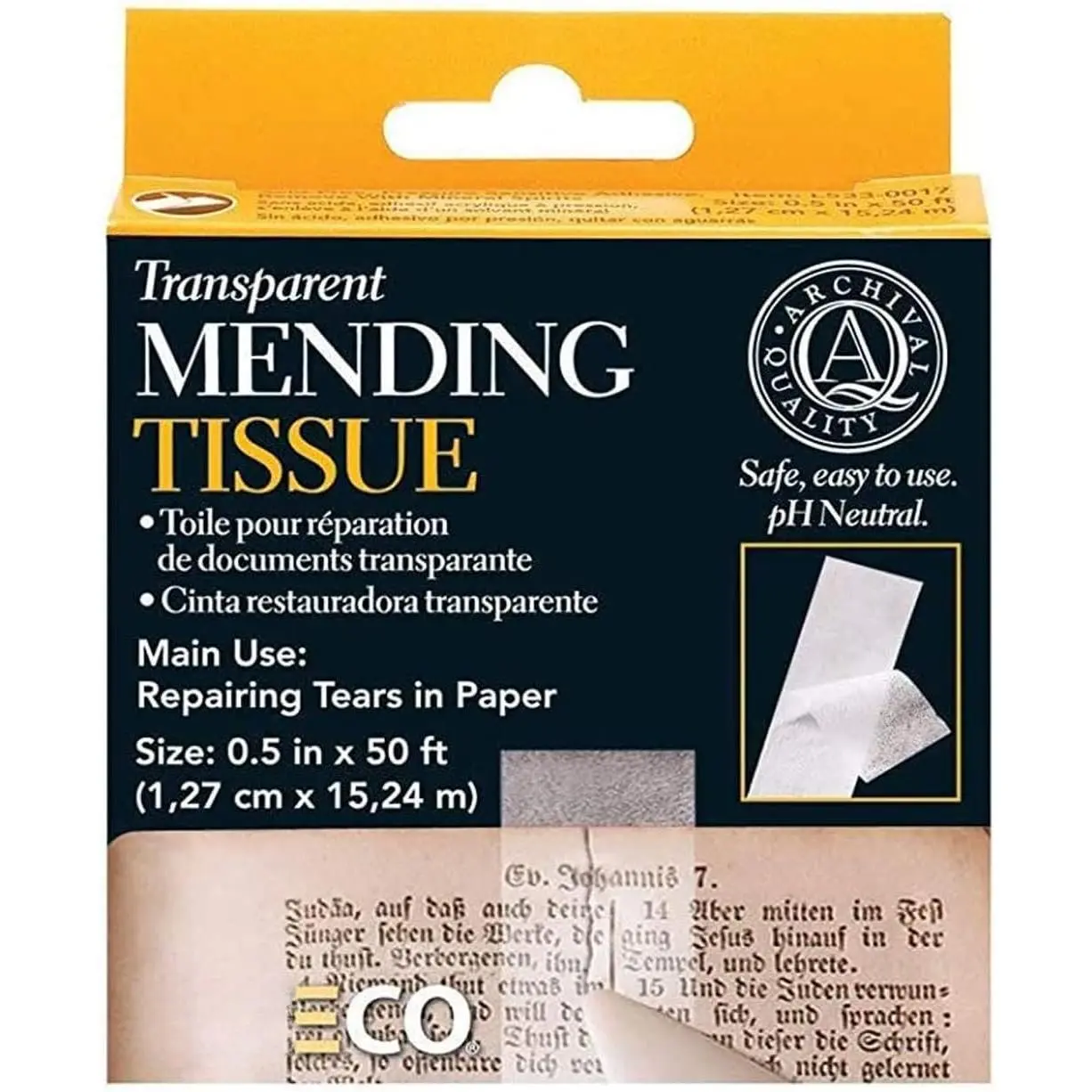 Archival Document Repair Tape, 0.5" x 50', Pack of 1 | Acid-Free, Translucent, Mending Tissue for Repairing Paper, Book Pages, Maps, Ephemera, Photos & Printed Artwork