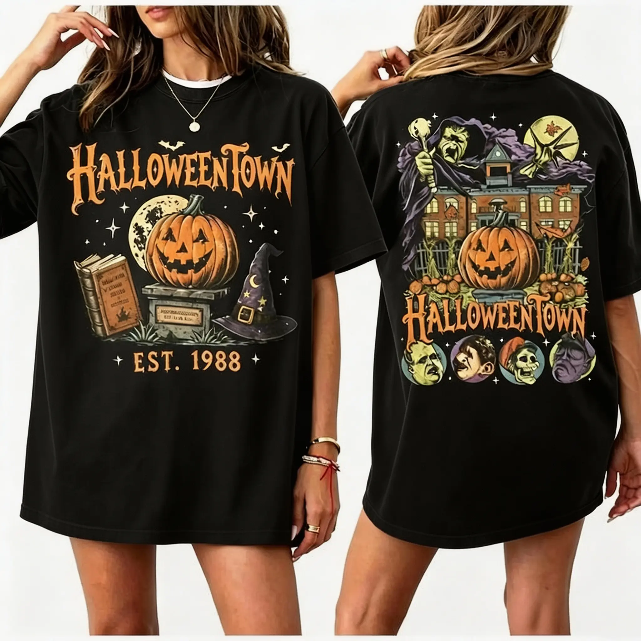 Vintage  Pumpkin Witch Spooky Halloween Double-sided Washed T-shirt, Retro Halloween Tee, Spooky Season T-shirt, 90s Halloween Shirt