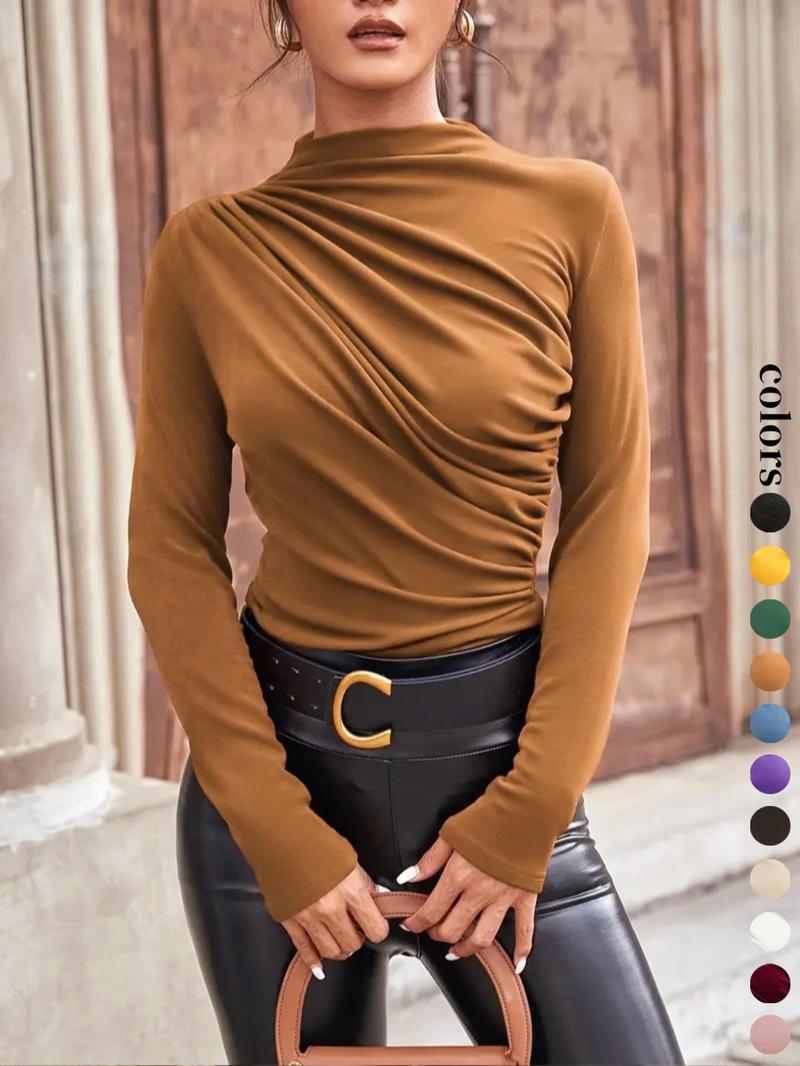Women's Plain Ruched Mock Neck Tee, Casual Long Sleeve T-Shirt for Daily Wear, Ladies Clothes for All Seasons Women's Plain Ruched Mock Neck Tee, Casual Long Sleeve T-Shirt for Daily Wear, Ladies Clothes for All Seasons