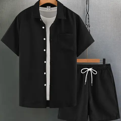 Men's Solid Short Sleeve Shirt & Shorts Loungewear Set, Shorts Lounge Outfit, Casual Comfy PJ Top & Shorts, Two-Piece Pajamas Set, Men's Sleepwear for Summer, Lounge Sets
