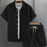 Men's Solid Short Sleeve Shirt & Shorts Loungewear Set, Shorts Lounge Outfit, Casual Comfy PJ Top & Shorts, Two-Piece Pajamas Set, Men's Sleepwear for Summer, Lounge Sets