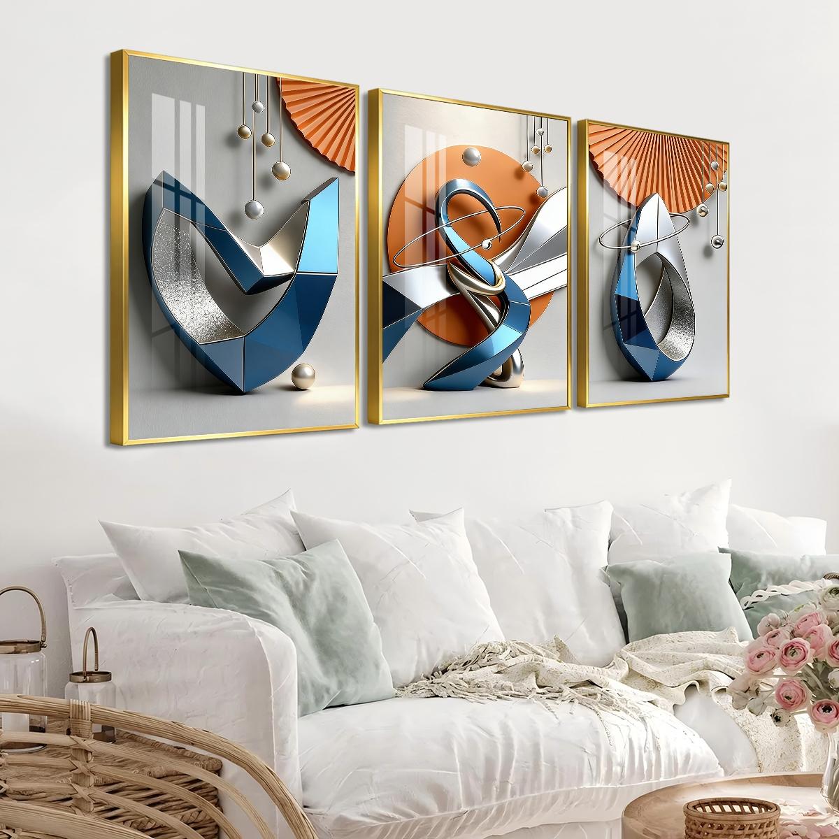 3 Counts Aluminum Alloy Framed Painting, Modern Geometric Abstract Metal Art Pictures, Home Decoration For Living Room, Bedroom, Office, Restaurant, Hallway Wall Decor, Odorless Print Artwork, Luxury Perfect Gift For Friends And Family