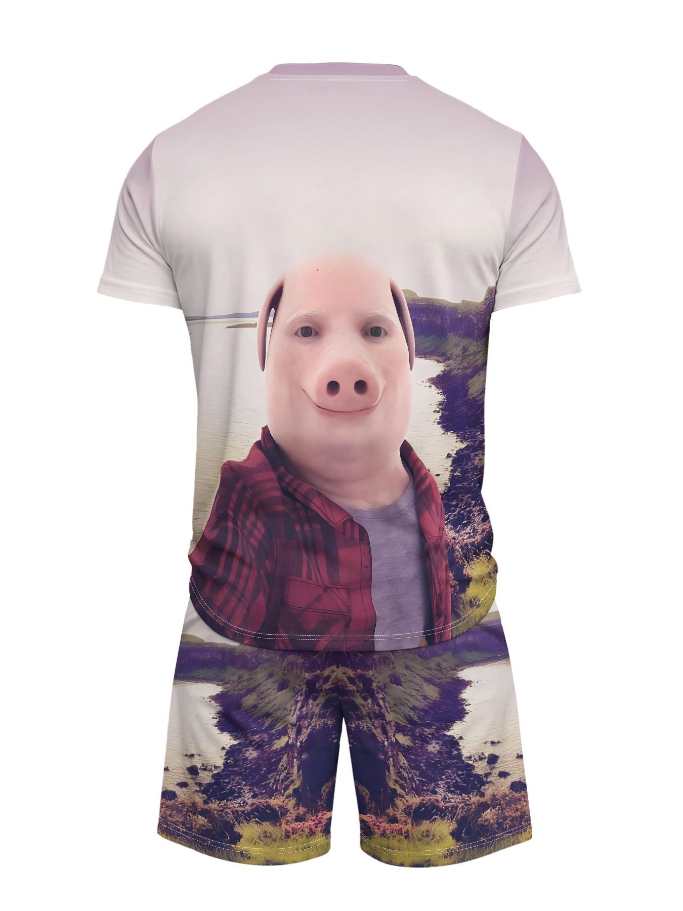 Men's Printed T-Shirt and Shorts Set, John Pork 3D Print Short Sleeve Tee and Casual Shorts, Unique Cool Street Style Outfit