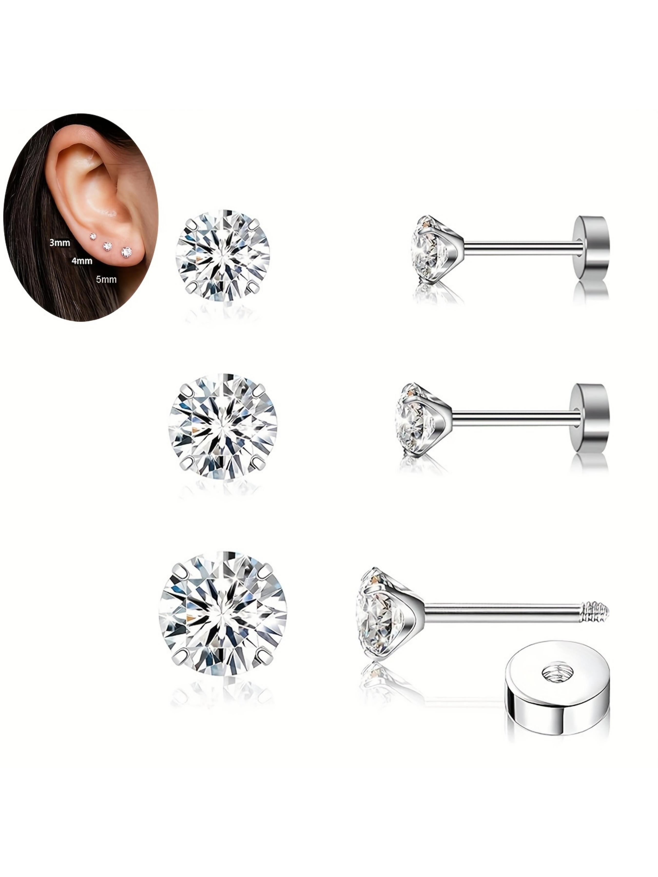 5 pairs Women's Earring Set  CZ Cubic Zirconia Stones Flat Back Design Suitable for Sensitive Ear Piercings Ear Ring Circles with Sizes 3–4–5 Millimeters Jewelry Accessories