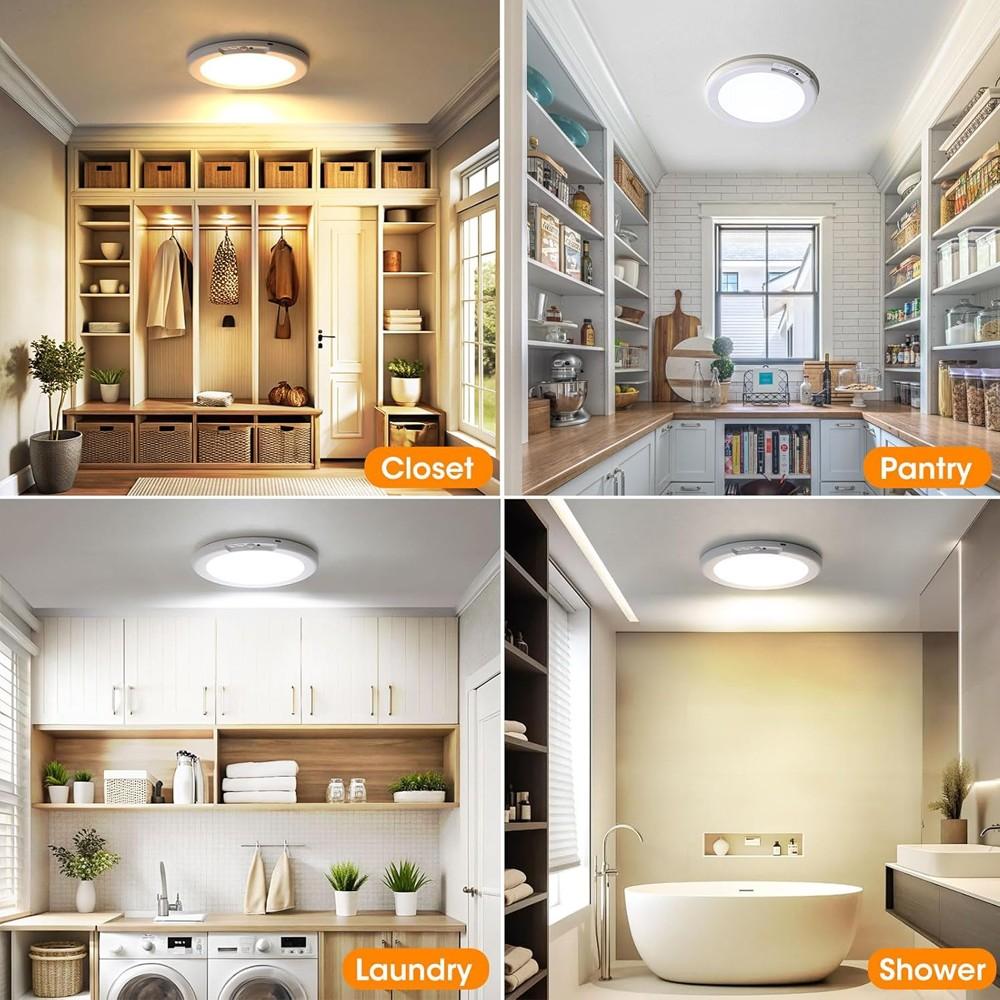 2-Piece Rechargeable Ceiling Lights, LED Three-Tone Dimmable, Wireless Installation, Remote Control, Ideal for Hallway, Closet, Office
