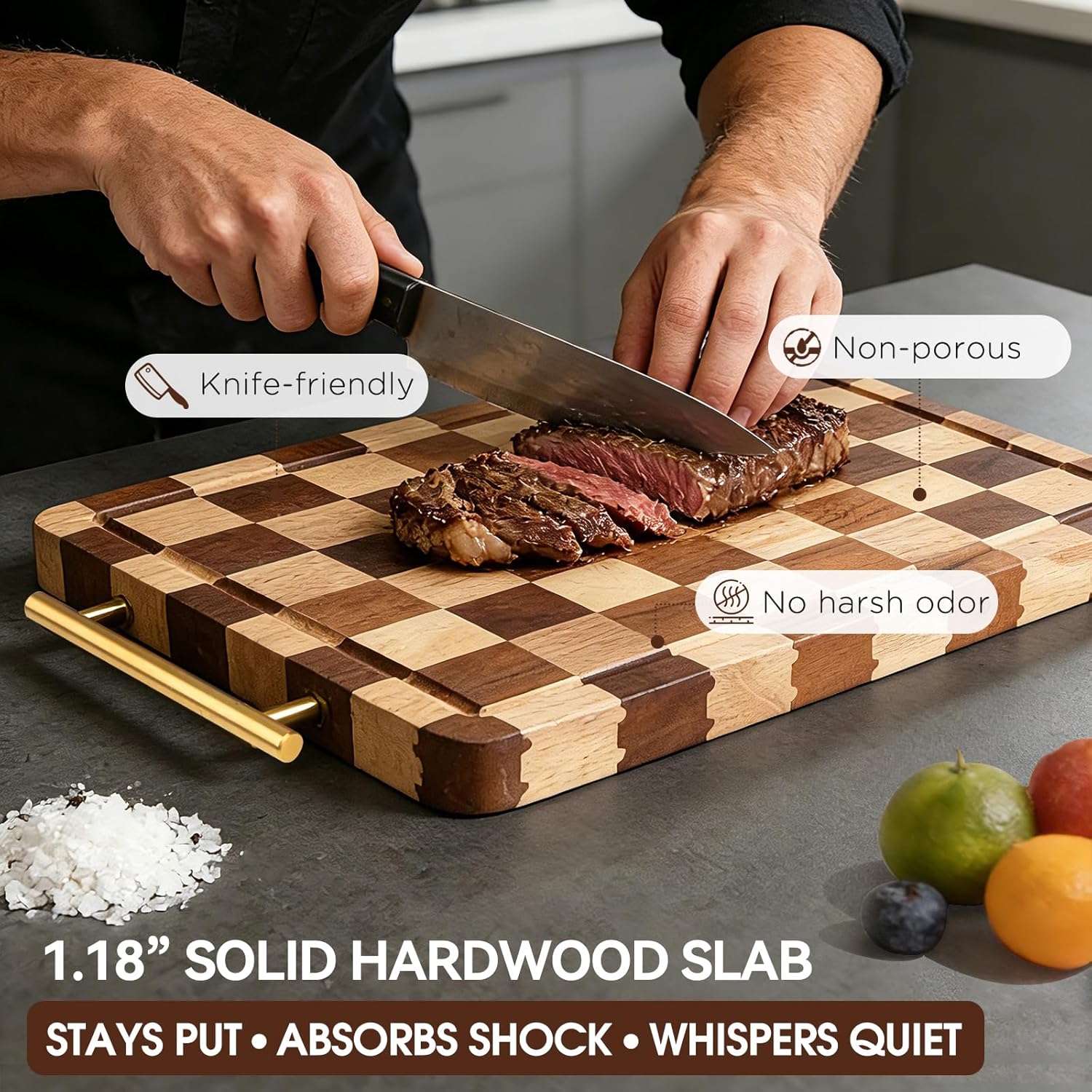 Checkered  Board for Kitchen - 14.9"x 11"x 1.18" Rubber  Butcher Block with Juice  & Steel Handle, Heavy Duty Non-Slip Chopping Board for Charcuterie, Housewarming