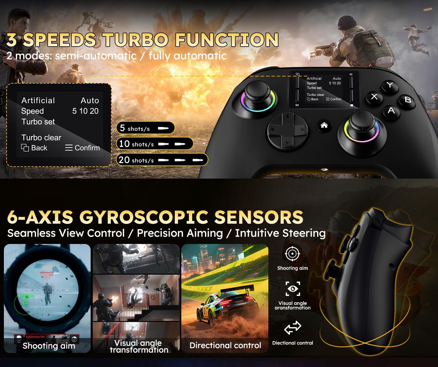 LASTEND Gaming Controller with Visual Display Screen, 1000mAh Battery, Hall Effect Anti-Drift Joysticks, 4 Back Buttons, Turbo Mode, RGB Lighting, Dual Vibration & Gyro, Compatible with PC/PS4/Switch/iOS/Android, No App Needed
