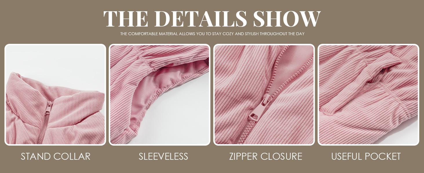 Danedvi Women's Corduroy Puffer Vest Stand Collar Zip Cropped Padded Gilet with Pockets Tops Casual