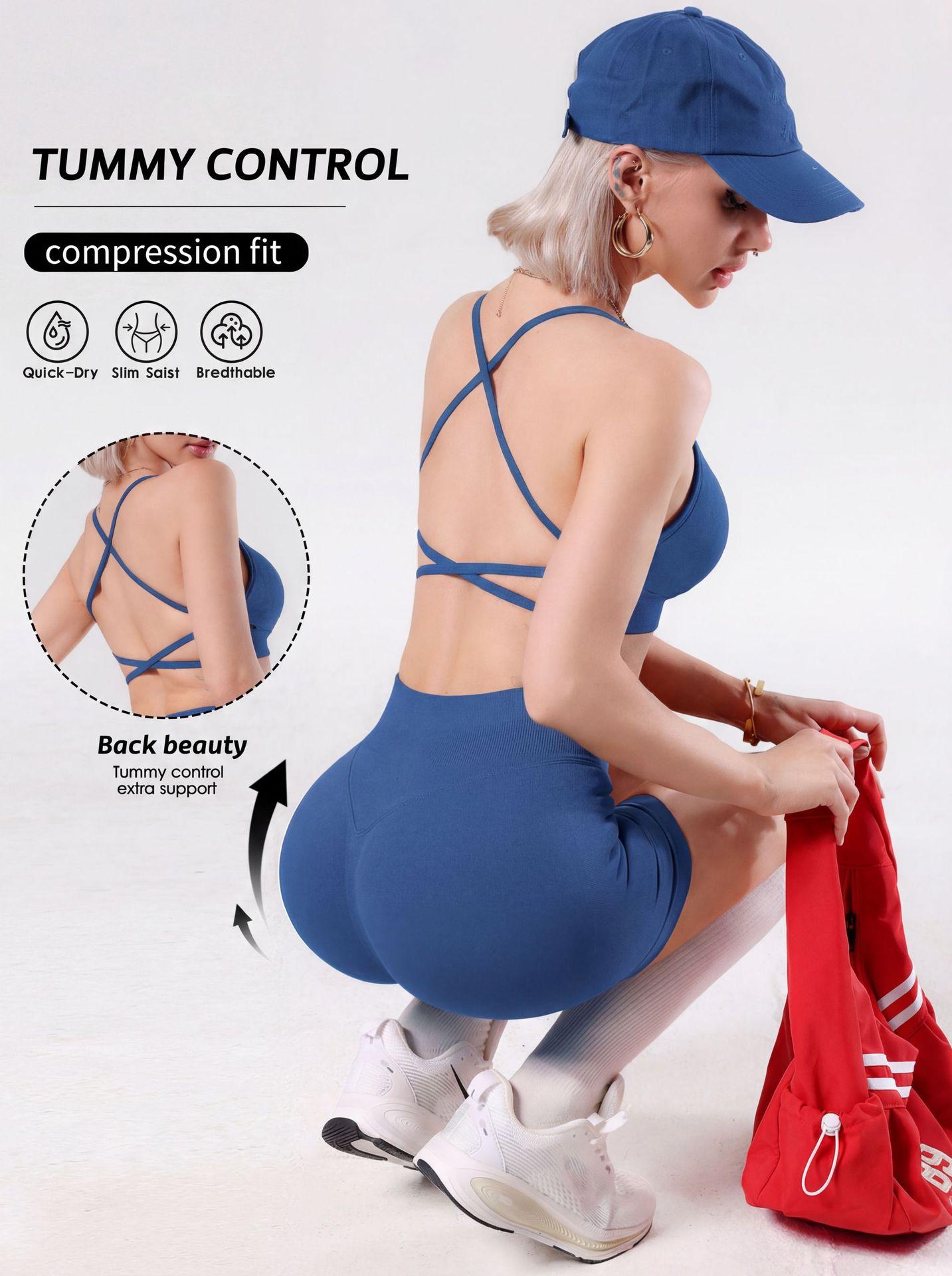 Women's 2-Piece Sporty Sports Underwear Set, Cross-Suspender Beauty Back Yoga Bra, High-Waist Belly & Hip-Lift Fitness Biker Shorts for Yoga, Fitness