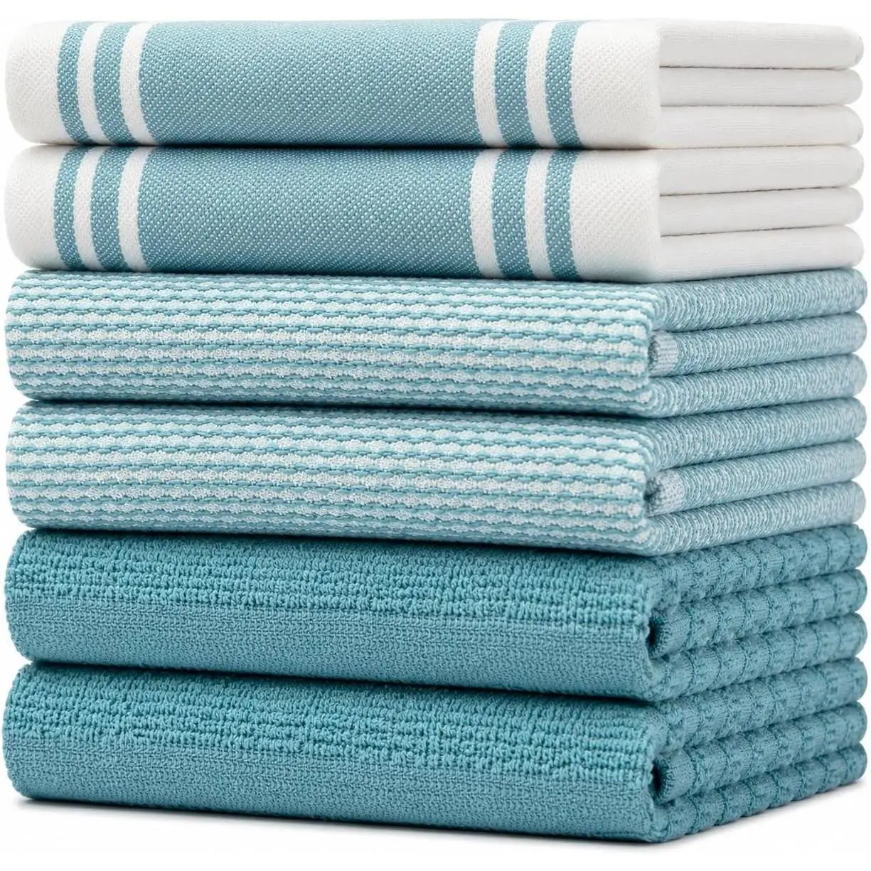 Premium Kitchen Towels 6 Pack 100% Cotton 20"x28" Dish Towels - Aqua Wide Large Flat & Terry Kitchen Linen Set with Hanging Loops, Highly Absorbent for Washing and Drying Dishes