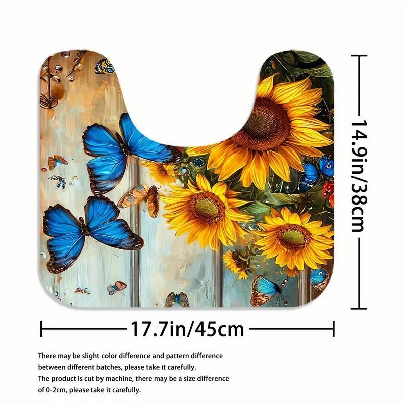 Sunflower Pattern Bathroom Decor Set, 4 Countsset Including Shower Curtain & Toilet U-shape Mat & Bathroom Mat & Toilet Lid Cover, Bathroom Decor Supplies, Bathroom Decoration Accessories