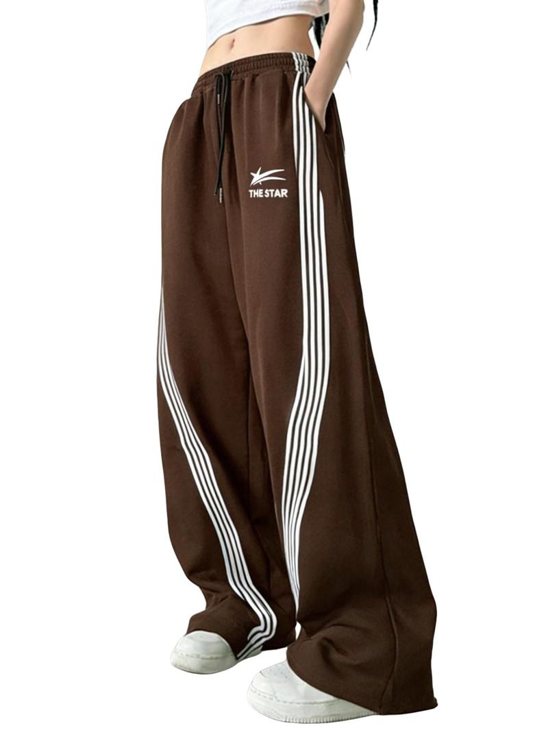 Women's Wide-Leg Track Pants, elastic drawstring waist with contrast side stripes and "THE STAR" logo print, relaxed fit for streetwear, dance and casual daily wear, available in multiple colors