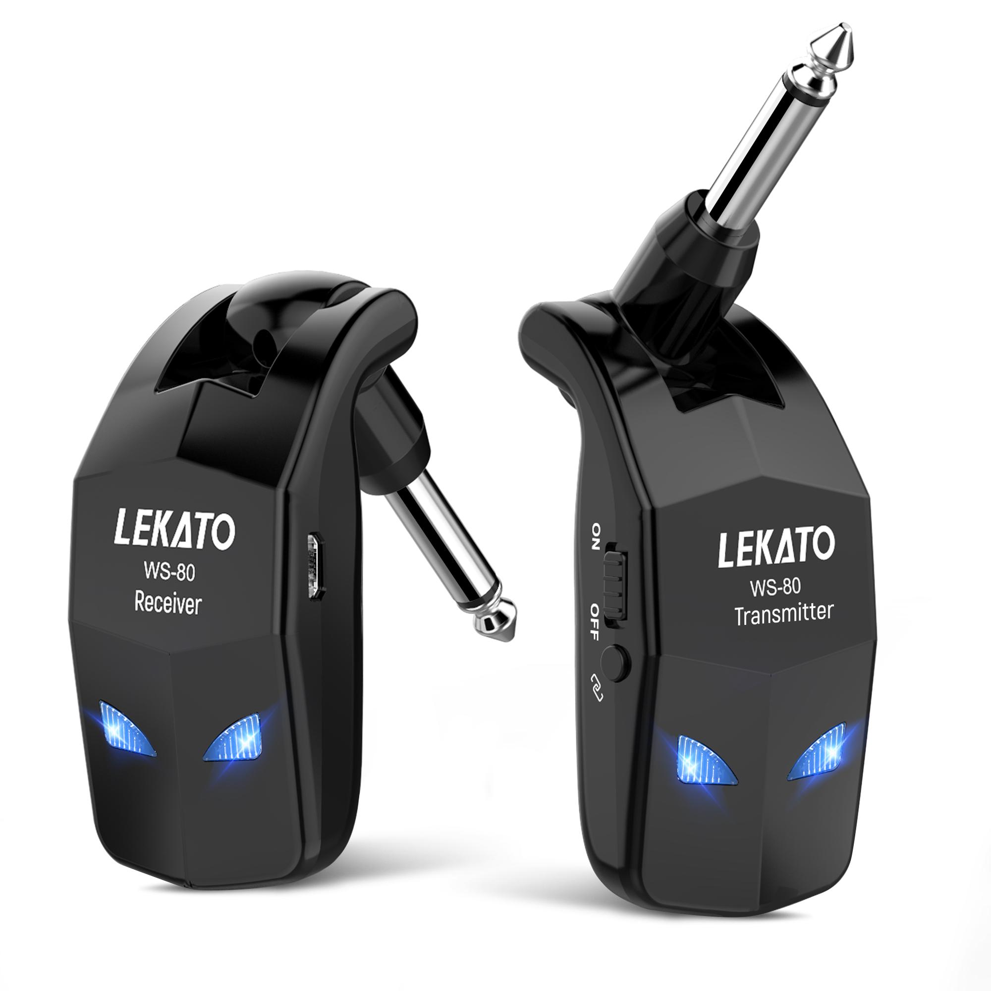 LEKATO WS-80 Wireless Guitar System 2.4Ghz, Audio Wireless Transmitter Receiver with 4 Channels for Electric Guitar and Bass, Rechargeable Guitar Wireless Transmitter and Receiver, for Electric Instruments