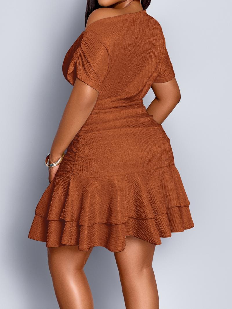 Women's Elegant Plain Slim-Fit Dress, Asymmetrical Neckline Ruffled Hem, All-Season Knit Fabric, Plus Size Available