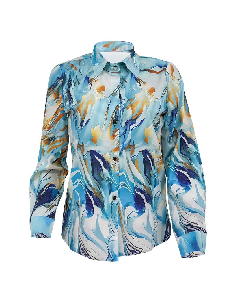 Women's Random Print Curved Hem Satin, Casual Long Sleeve Button Front Collared Blouse Top for Daily Wear, Ladies Clothes for All Seasons