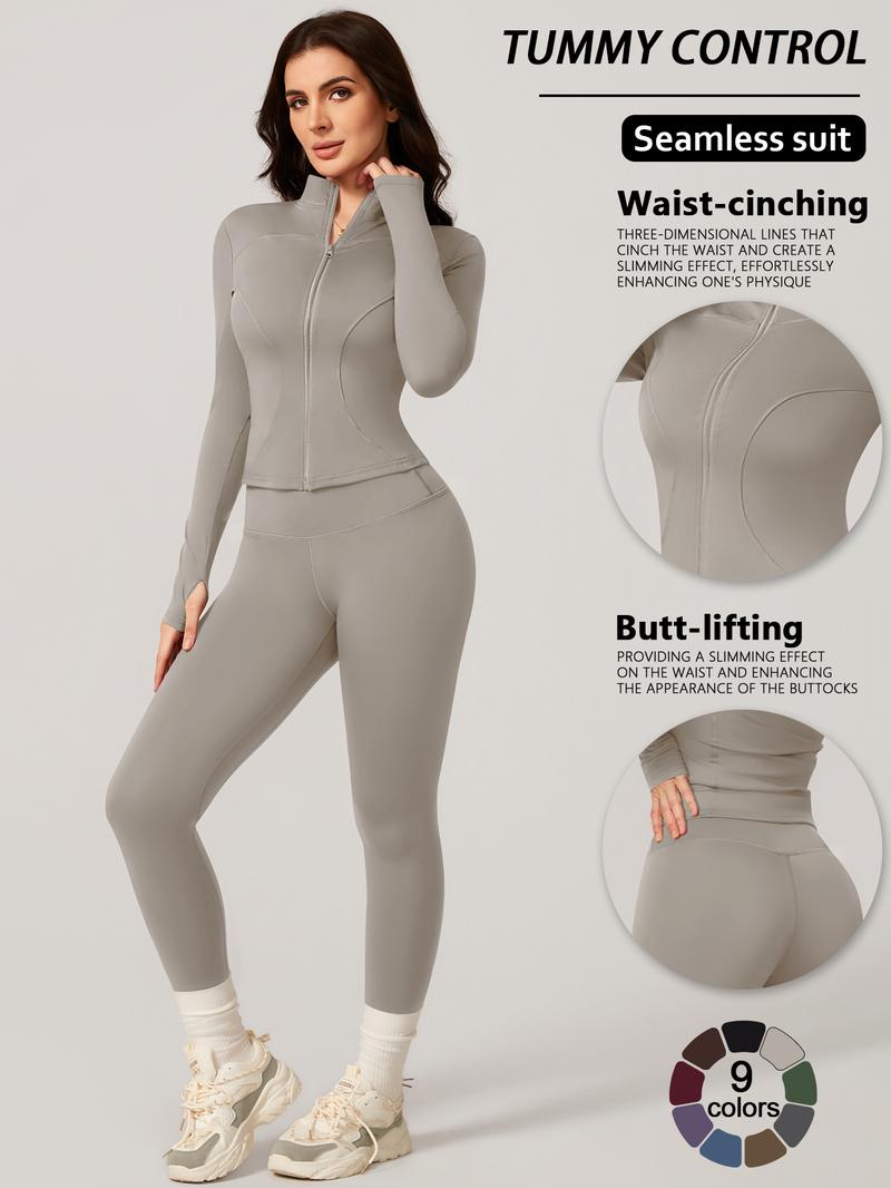 Women's Two-Piece Slim-Fitting Workout Set, Long Sleeve Top and Below-Ankle Sports Pants with Natural Waistline, All-Season Wearable Comfort Tracksuit Set