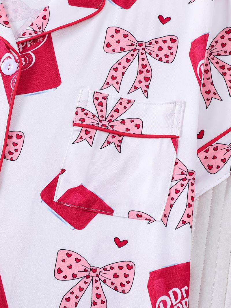 2-piece Valentine's Day Spring/Summer Women's White Bottom Full Body Love Bow Beverage Bottle Printed Short Sleeve Shorts Soft and Comfortable Top Small Pocket Elastic Waist Head Suitable for Four Seasons Home, Leisure, Regular Wear, Nightwear