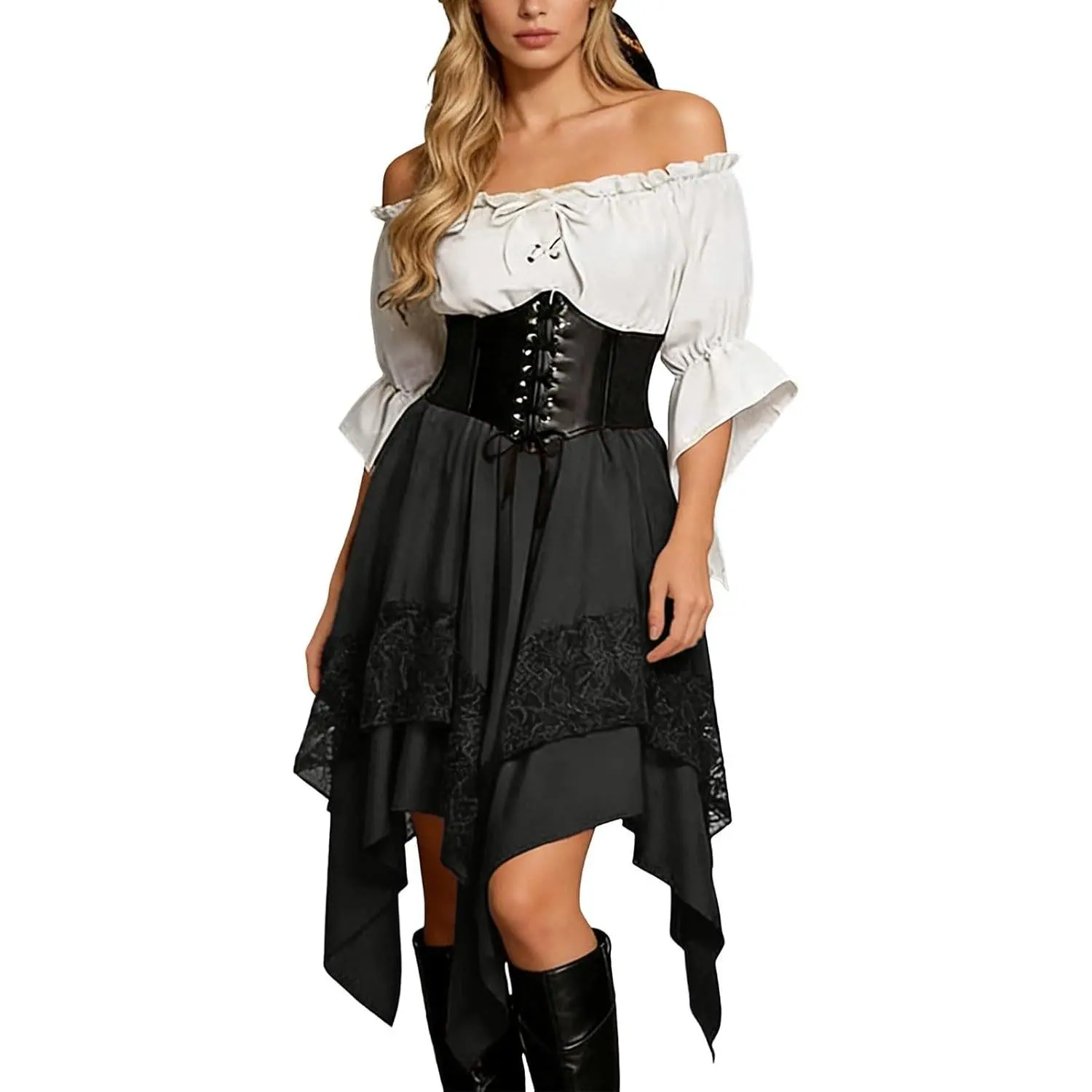 Pirate Costume Women's Off Shoulder Dress with Lace Underskirt and Asymmetrical Tiered Skirt Renaissance Lace Dress Gothic Corset Top Skirt Medieval Clothing Cosplay Outfit Deluxe Toddler Witch Set
