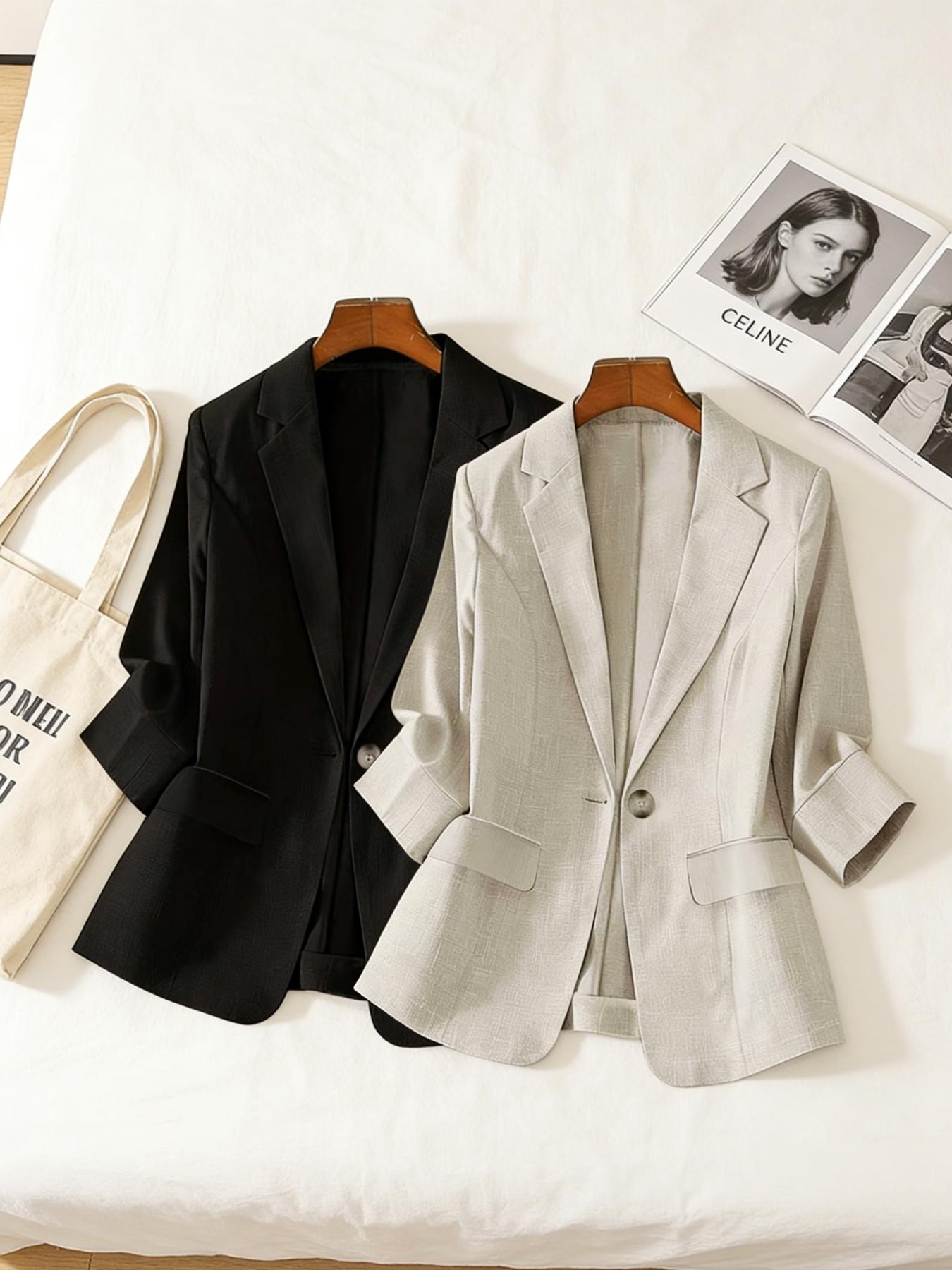 Women's two-piece plain color single-breasted double-pocket half-sleeve five-point suit jacket, suitable for spring and summer suitable for commuting outfit.