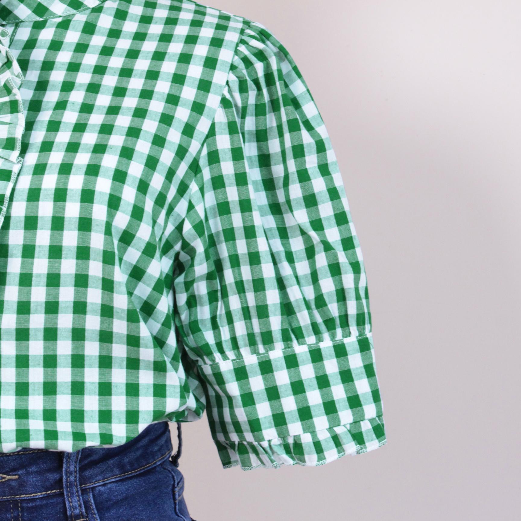 SageVell 100% Cotton Green/Khaki/Red/Blue Gingham Check Shirt with Ruffle Neckline & Puff Sleeves Medium Length Women's Fashion Top Runs Large