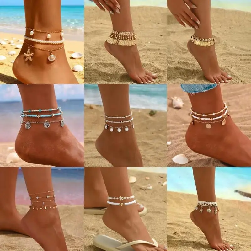 6-Piece Random Assortment Multi-Layer Bohemian Alloy Shell Seed Bead Anklet Set Vintage Stackable Ankle Bracelets Trendy Summer Beach Vacation Jewelry Accessories for Women