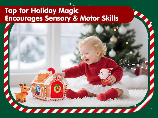 hahaland My First Christmas Gingerbread House Cottage Toy Set for Baby 6-18 Months Musical & Sensory Plush Toys with Santa Reindeer Rattles Early Learning Development 7-Piece Holiday Gift