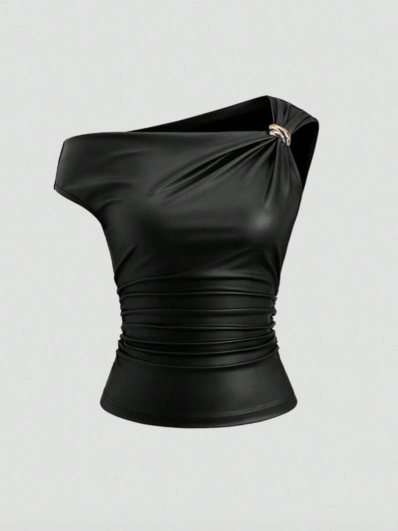 Women's Leather Metal Decor Casual Fashion Top，Irregular Collar PU Top with Metal Decoration, Stylish Casual Blouse for Daily Wear, Fashionable Women's Clothing