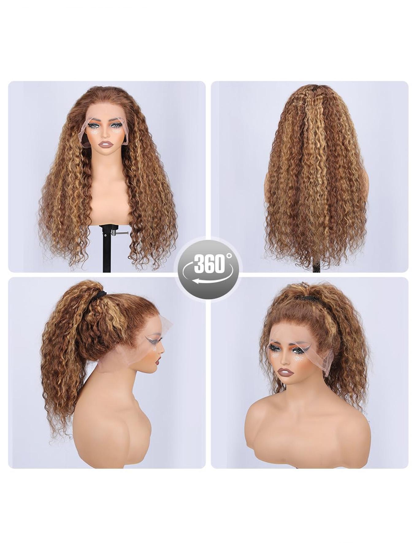 Invisible Drawstring 360 Full Lace Wig Glueless Kinky Curly Human Hair Wigs Hidden Adjustable Strap P4/27 Highlight Transparent Lace Frontal Wig Pre-Plucked With Baby Hair Can Make Ponytail And Bun Multicolor For Women Deep Curly