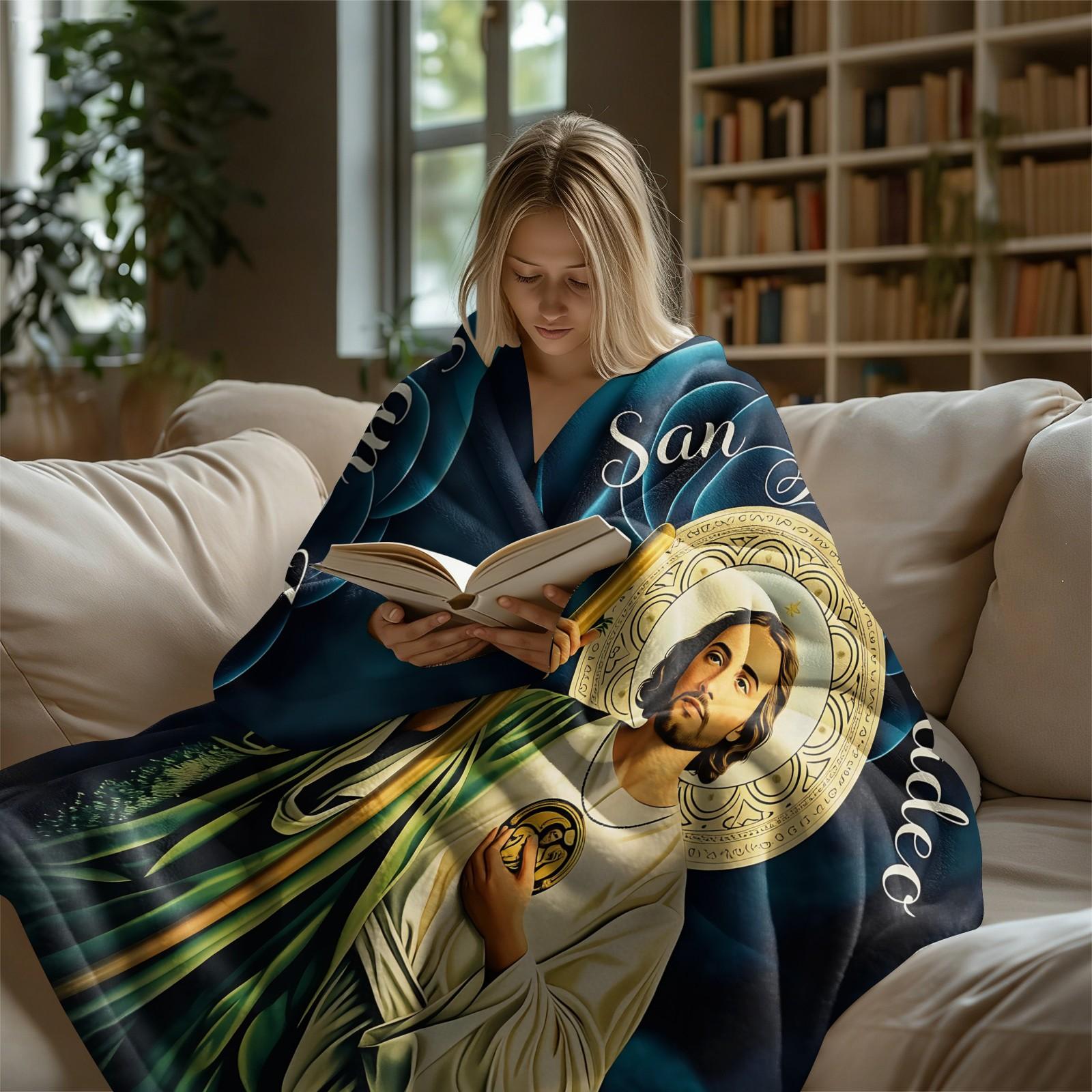 San Judas Tadeo Print Flannel Throw Blanket, Soft Warm Cozy Fleece Blanket for Couch Bed Sofa, Religious Saint Jude Decorative Blanket, All Season Plush Blanket, Perfect Gift Blanket for Home, Travel, Nap, All Ages