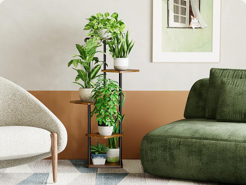 Bamworld Corner Plant Stand Indoor 5 Tier Metal Plant Shelf for Multiple Plants, Tall Flower Stand for Patio Garden Balcony Living Room Bedroom (Brown)