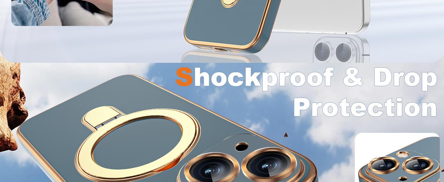 Compatible with iPhone 14 Case with Magnetic Ring Stand [Compatible with Mag-Safe] [Full Camera Lens Protector] Soft Plating Phone Case for iPhone 14 6.1", Grey Blue