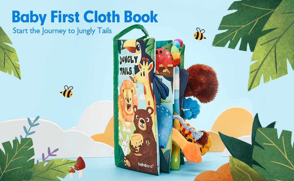 Hahaland Jungly Tails Baby Cloth Book -  Infant Tummy Time Toy Sensory Toys Touch Feel Baby Gifts for Boy Girl Early Learning Toy Early Education Montessori Sensory Infant Toy Newborn Baby Shower Gift