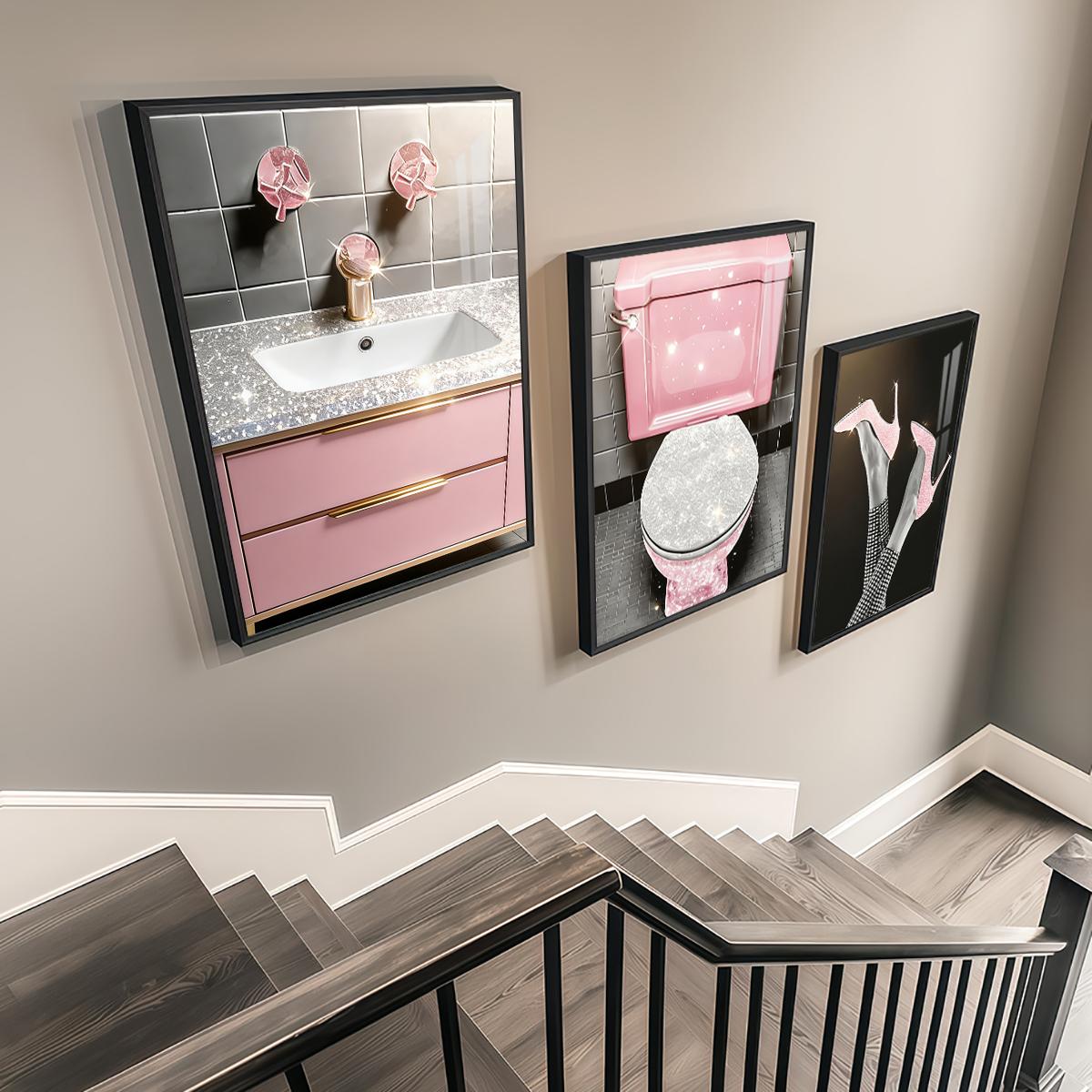 3 Counts Aluminum Alloy Framed Painting, Pink Glam Bathroom And High Heels Art Pictures, Home Decoration For Living Room, Bedroom, Office, Restaurant, Hallway Wall Decor, Odorless Print Artwork, Luxury Perfect Gift For Friends And Family