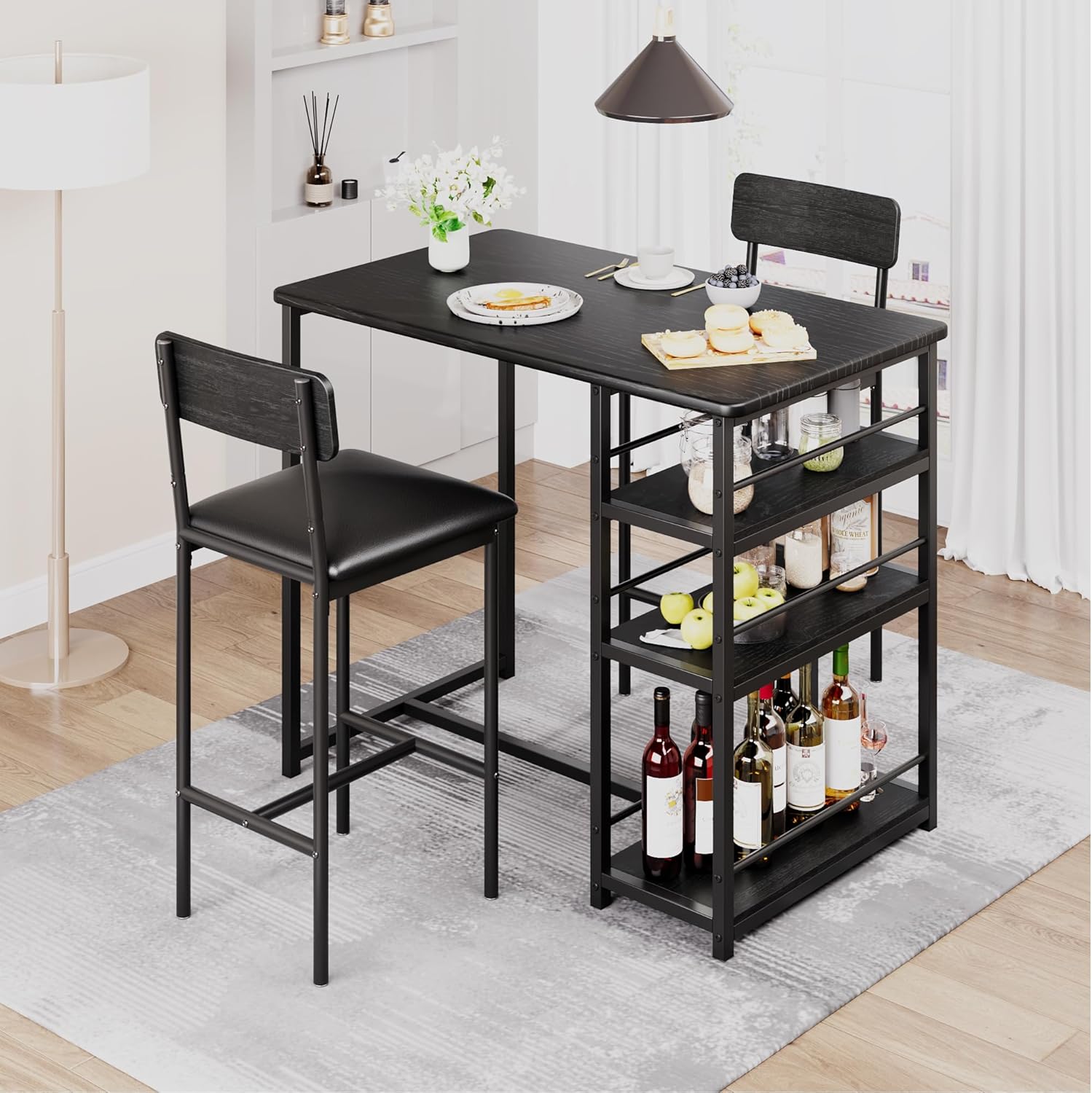 3-Piece Double Bar Table Set with 3-Tier Storage Shelves, Compact Kitchen Dining Table Set with 2 Upholstered Stools, Space-Saving Breakfast Nook for Kitchens, Taverns, Apartments