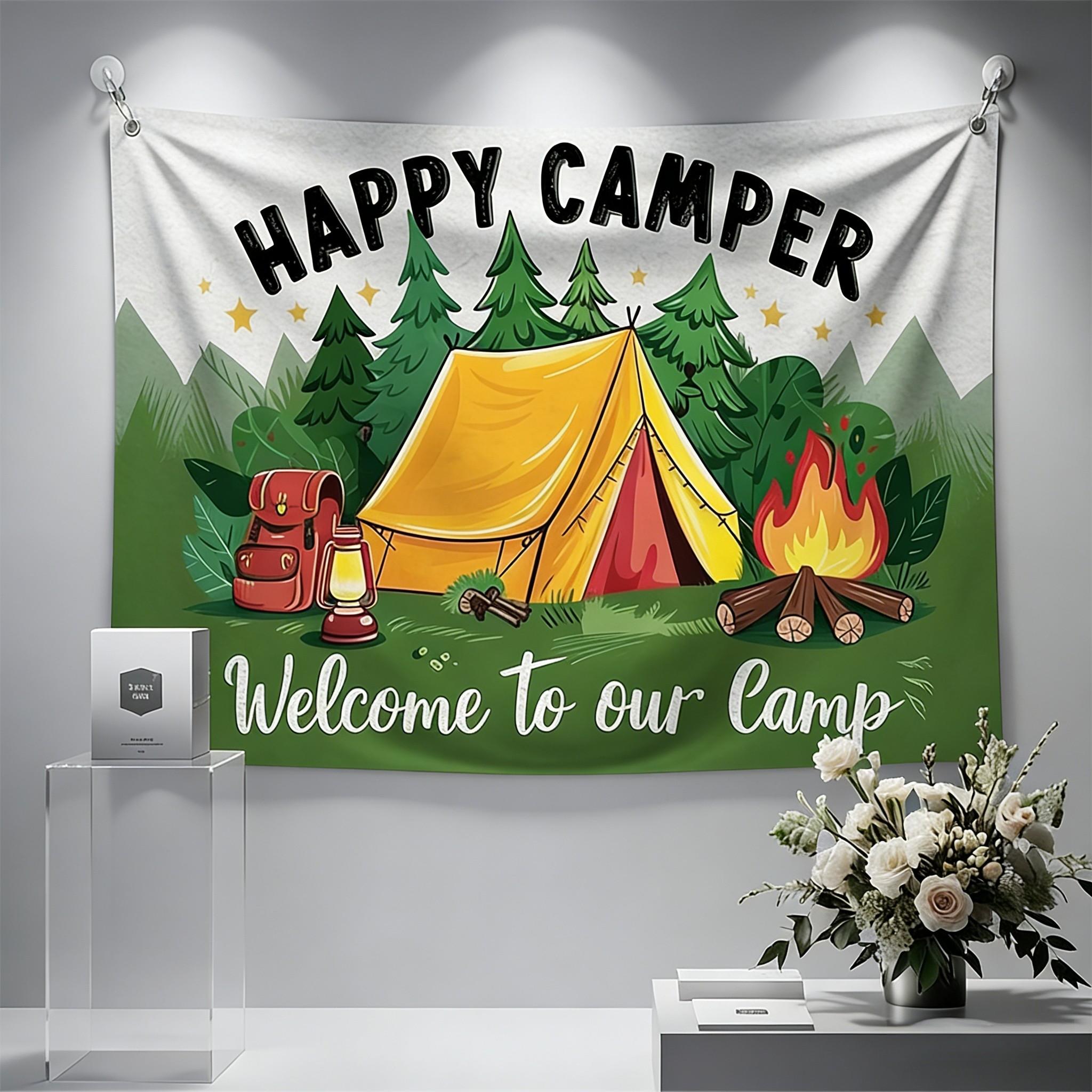Happy Camper" Themed Party Backdrop - Polyester, Multicolor Forest Campfire and Tent Design with "Welcome to Our Camp" Banner - Ideal for Indoor/Outdoor Family Gatherings, Camping Birthday Decorations, Camping Decorations
