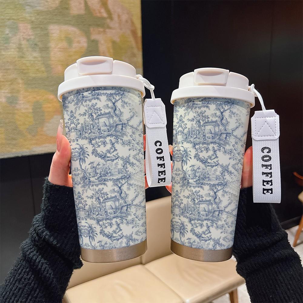 Abstract Oil Painting Blue Vine Texture Coffee Cup, Portable Dual Drink Insulated Tumbler, Keeps Hot/cold, Office Travel Essential