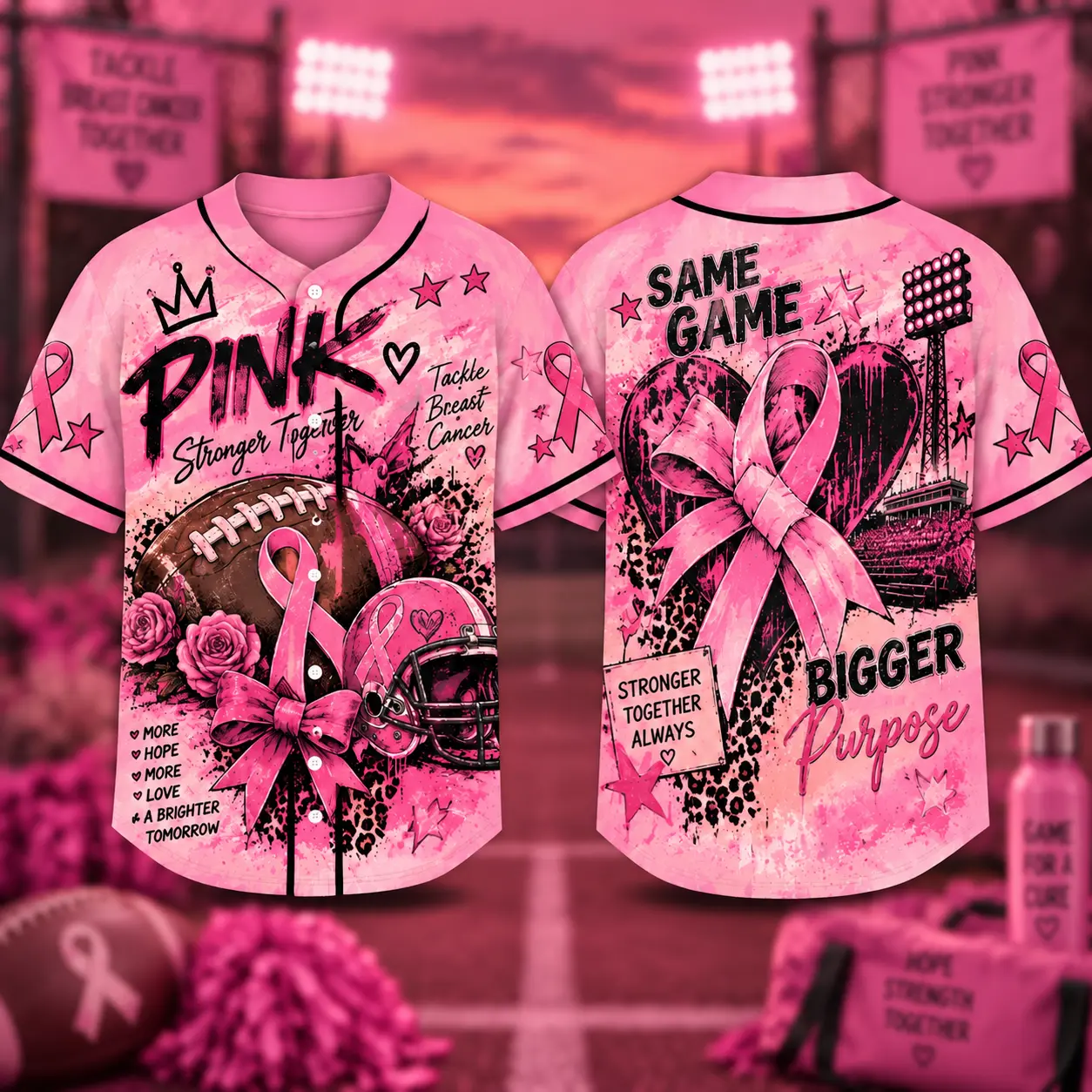 Tackle Breast Cancer Women Baseball Jersey, Football Pink Ribbon Awareness Graphic Jersey, Same Game Bigger Purpose Support Apparel for Fall Gift